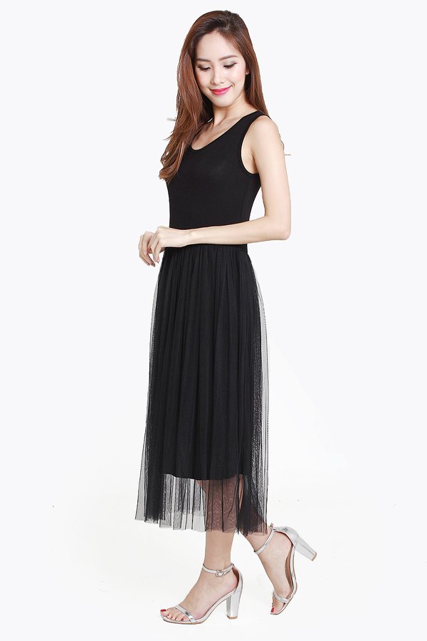 Intuitively Attuned Tulle Midi Dress Black